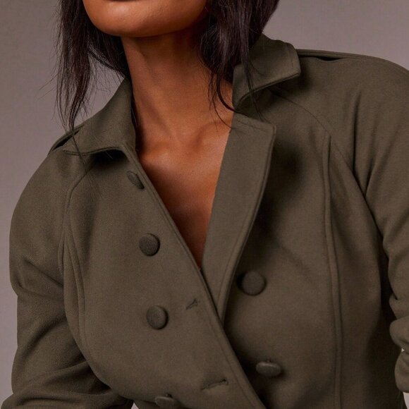 Khaki Casual Women\'s Raglan Sleeve Double-Breasted Jacket